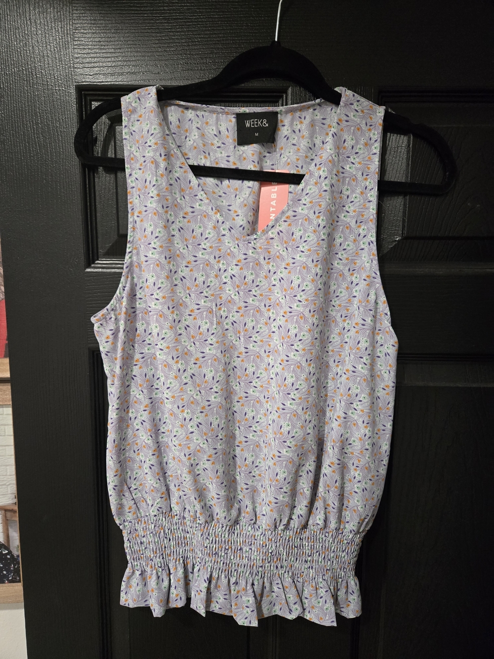 WEEK & Lavender Floral Smocked-Hem Sleeveless Blouse